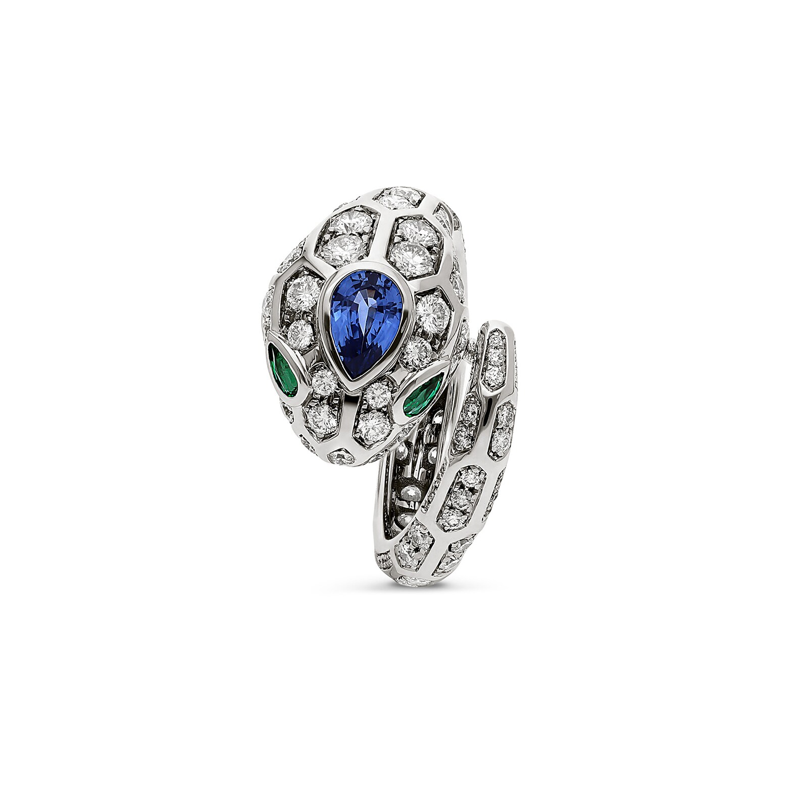 Bvlgari Jewelry 18k White Gold 1.35cttw Diamond and 0.58cttw Sapphire Serpenti Ring Size 6.5