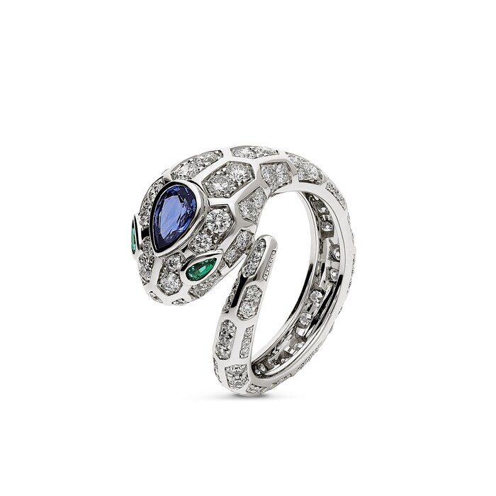 Bvlgari Jewelry 18k White Gold 1.35cttw Diamond and 0.58cttw Sapphire Serpenti Ring Size 6.5