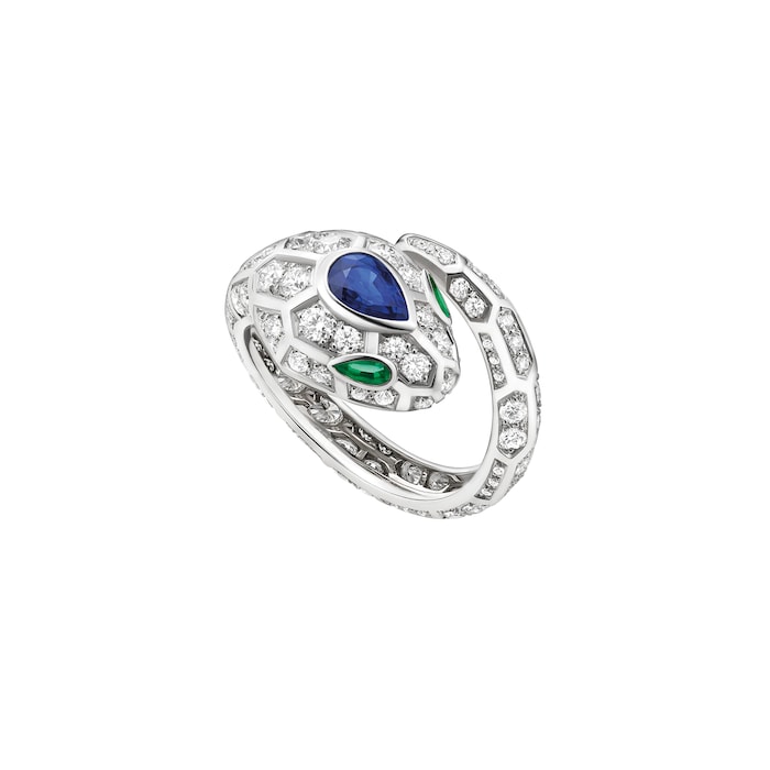 Bvlgari Jewelry 18k White Gold 1.35cttw Diamond and 0.58cttw Sapphire Serpenti Ring Size 6.5