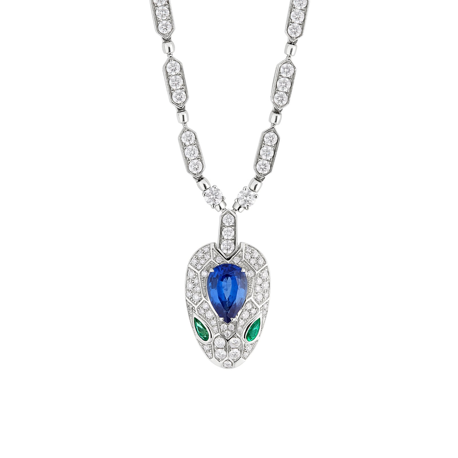 Bvlgari Jewelry 18k White Gold 4.59cttw Diamond and 1.48cttw Sapphire Serpenti Necklace