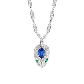 Bvlgari Jewelry 18k White Gold 4.59cttw Diamond and 1.48cttw Sapphire Serpenti Necklace