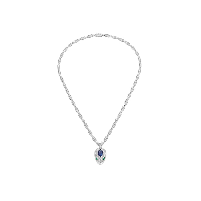 Bvlgari Jewelry 18k White Gold 4.59cttw Diamond and 1.48cttw Sapphire Serpenti Necklace