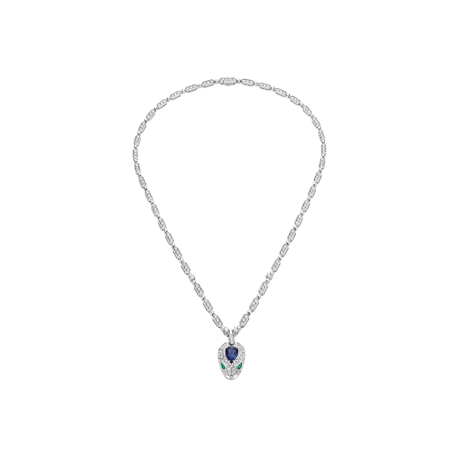 Bvlgari Jewelry 18k White Gold 4.59cttw Diamond and 1.48cttw Sapphire Serpenti Necklace