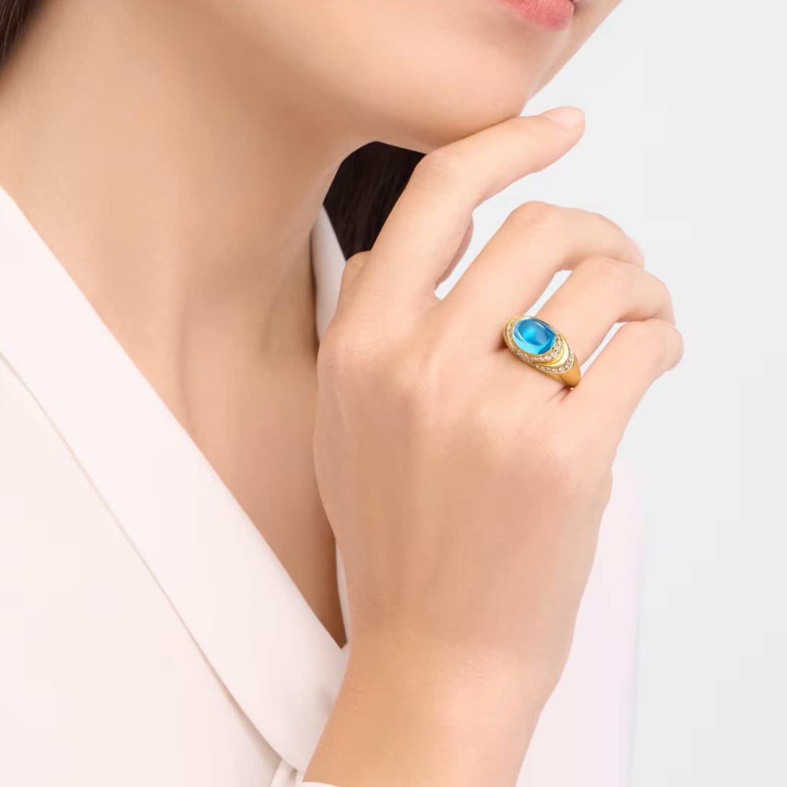 Bvlgari Jewelry 18K Yelow Gold Cabochon Diamond & Blue Topaz Ring