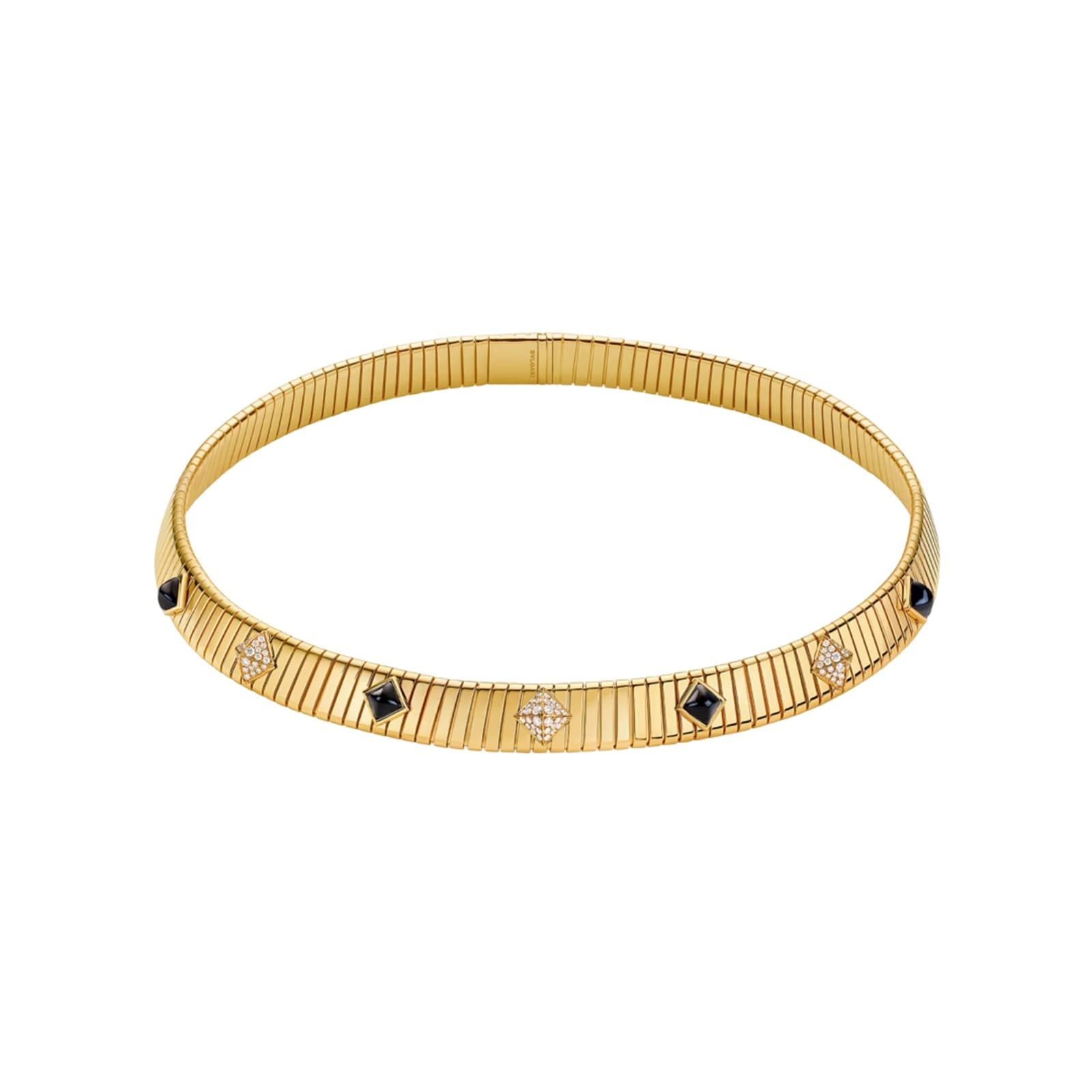 Bvlgari Jewelry 18K Yellow Gold Bvlgari Tubogas Diamond & Onyx Station Necklace Bvlgari Jewelry 18K Yellow Gold Bvlgari Tubogas Diamond & Onyx Station Necklace