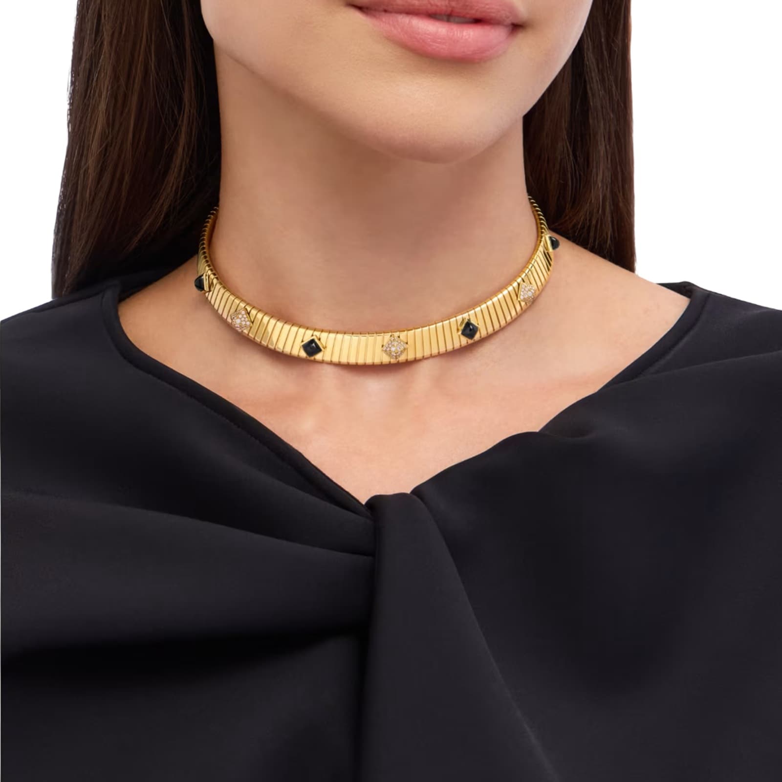 Bvlgari Jewelry 18K Yellow Gold Bvlgari Tubogas Diamond & Onyx Station Necklace