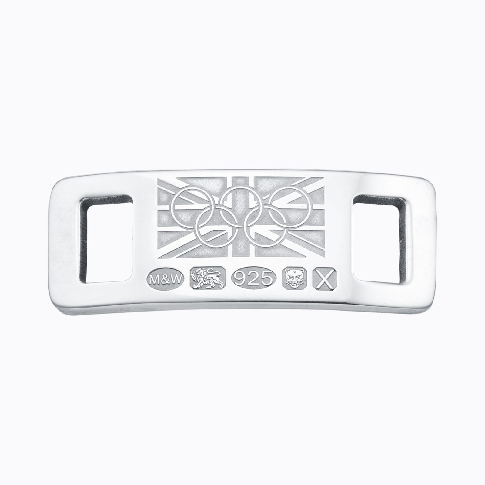 Team GB Sterling Silver Lace Locks Union Flag and Rings Design. Laser Engraved. Rhodium Plated