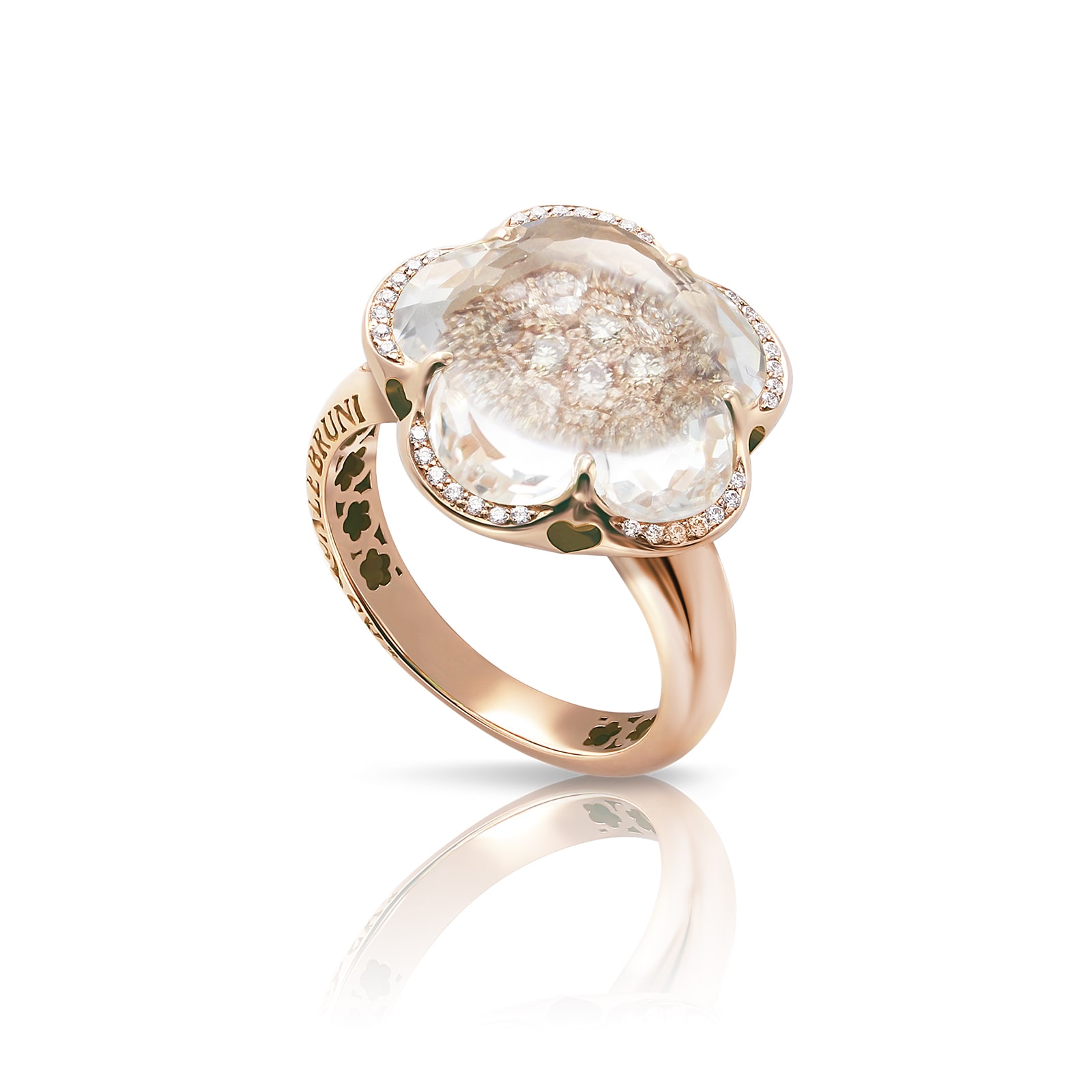 Bon Ton Ring in 18ct Rose Gold with Rock Crystal, White and Champagne Diamonds - Ring Size O