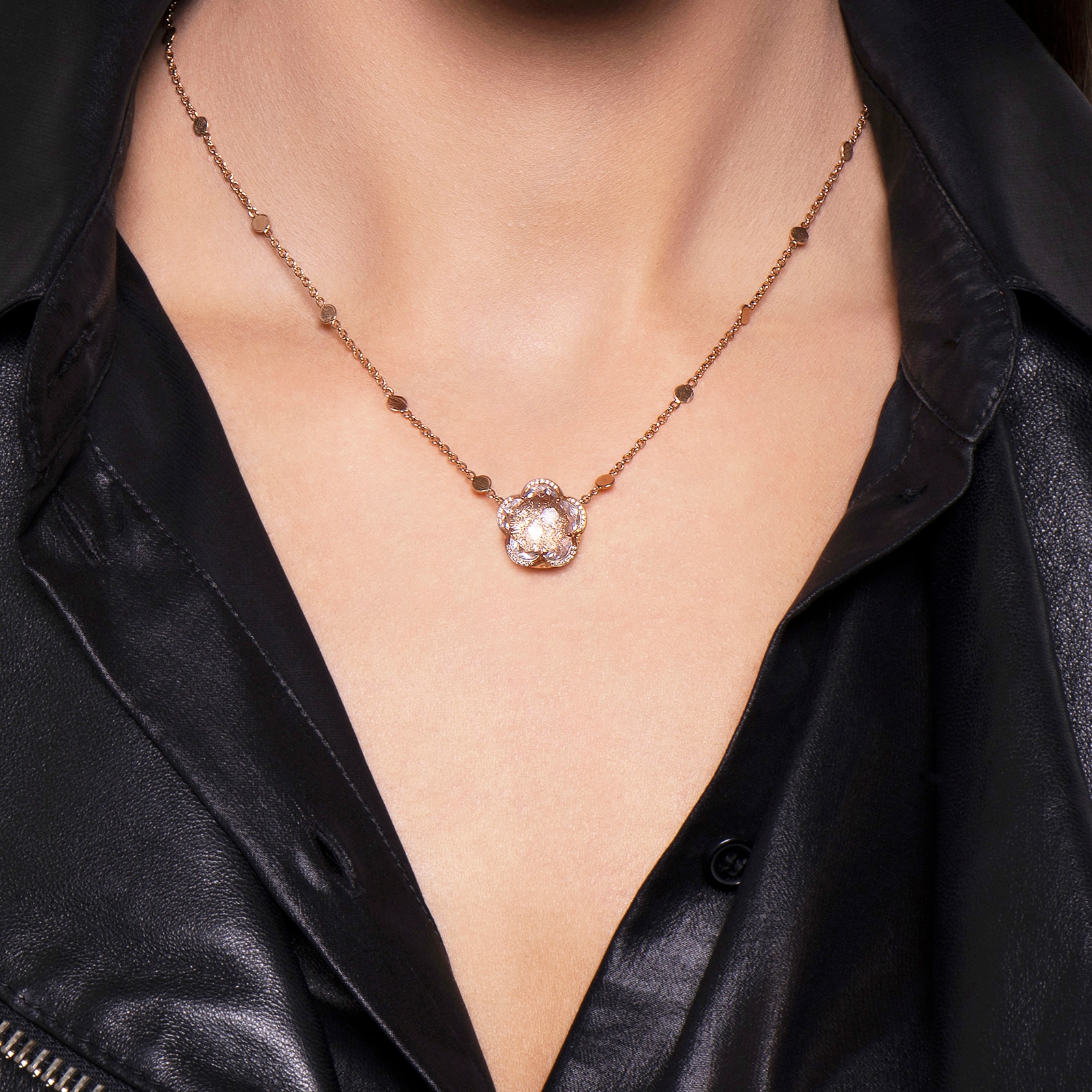 Pasquale Bruni Bon Ton Necklace in 18ct Rose Gold with Rock Crystal, White and Champagne Diamonds