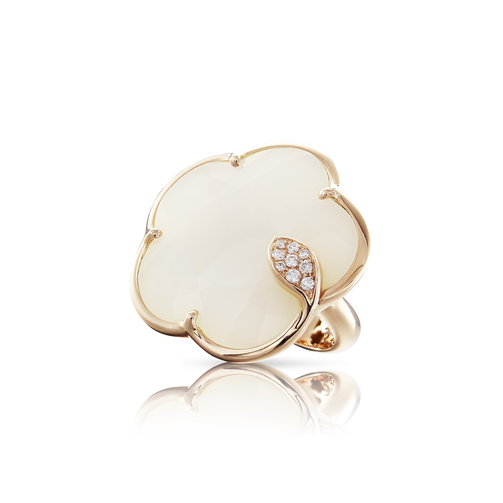 Ton Joli Ring in 18ct Rose Gold with White Agate and Mother of Pearl doublet and Diamonds - Ring Size N