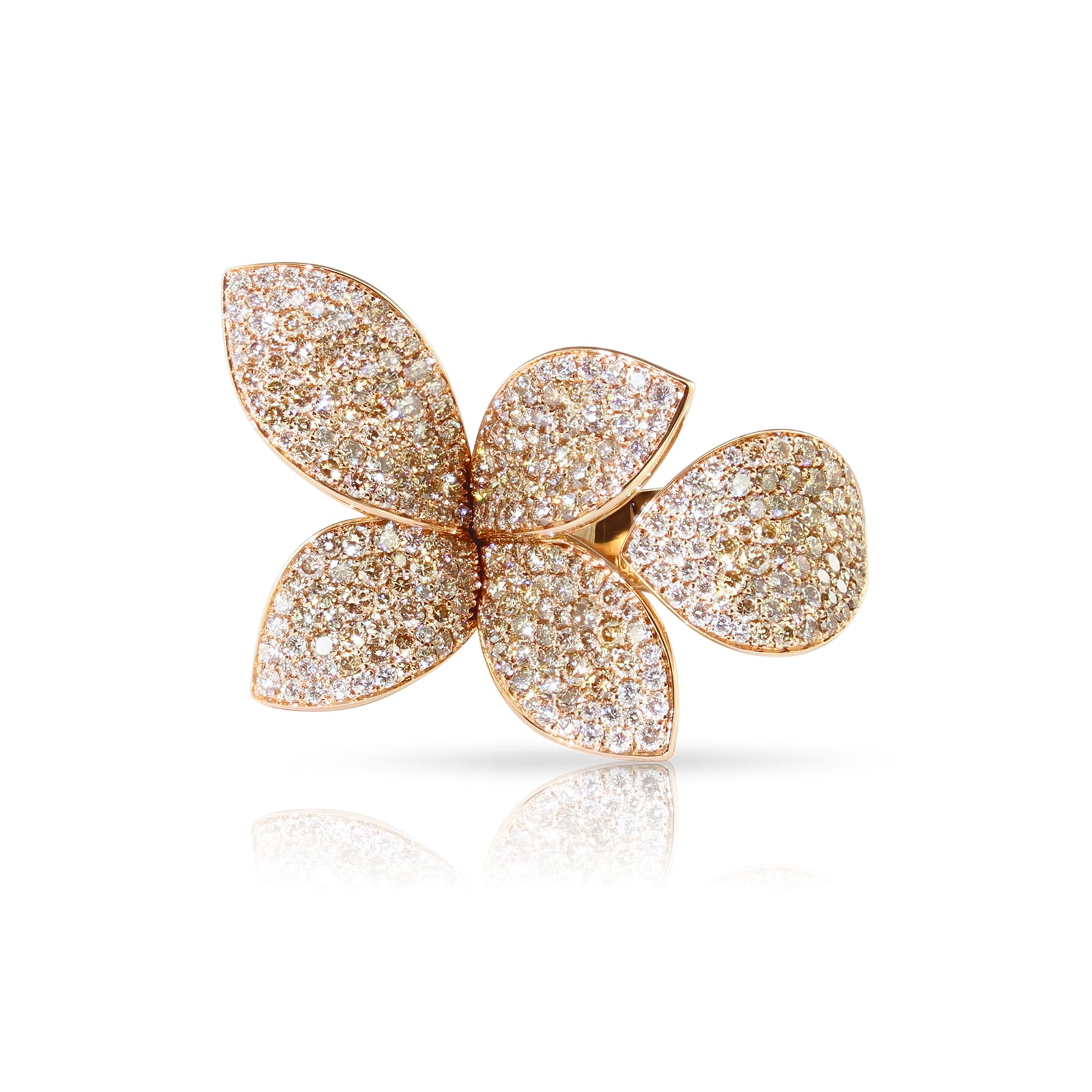Giardini Segreti Five Leaves Small Flower Ring in 18ct Rose Gold with White and Champagne Diamonds - Ring Size M