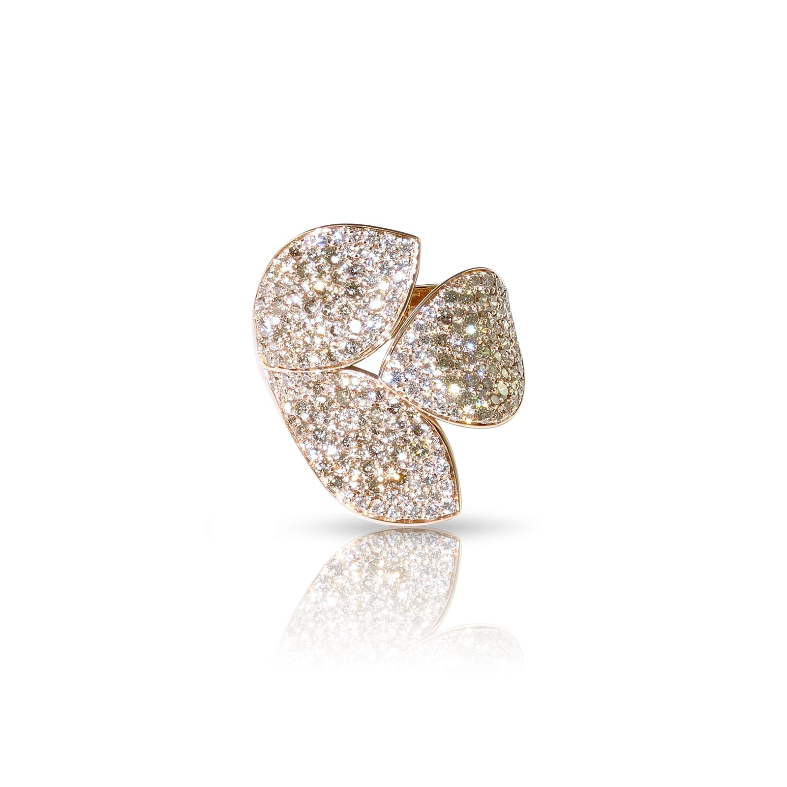 Giardini Segreti Three Leaves Ring in 18ct Rose Gold with White and Champagne Diamonds - Ring Size P