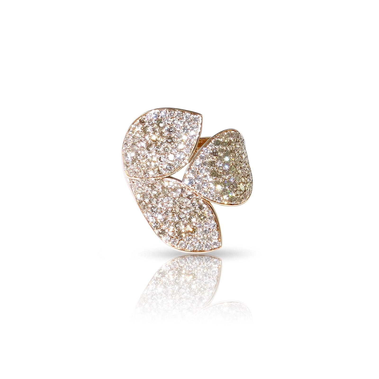 Pasquale Bruni Giardini Segreti Three Leaves Ring in 18ct Rose Gold with White and Champagne Diamonds