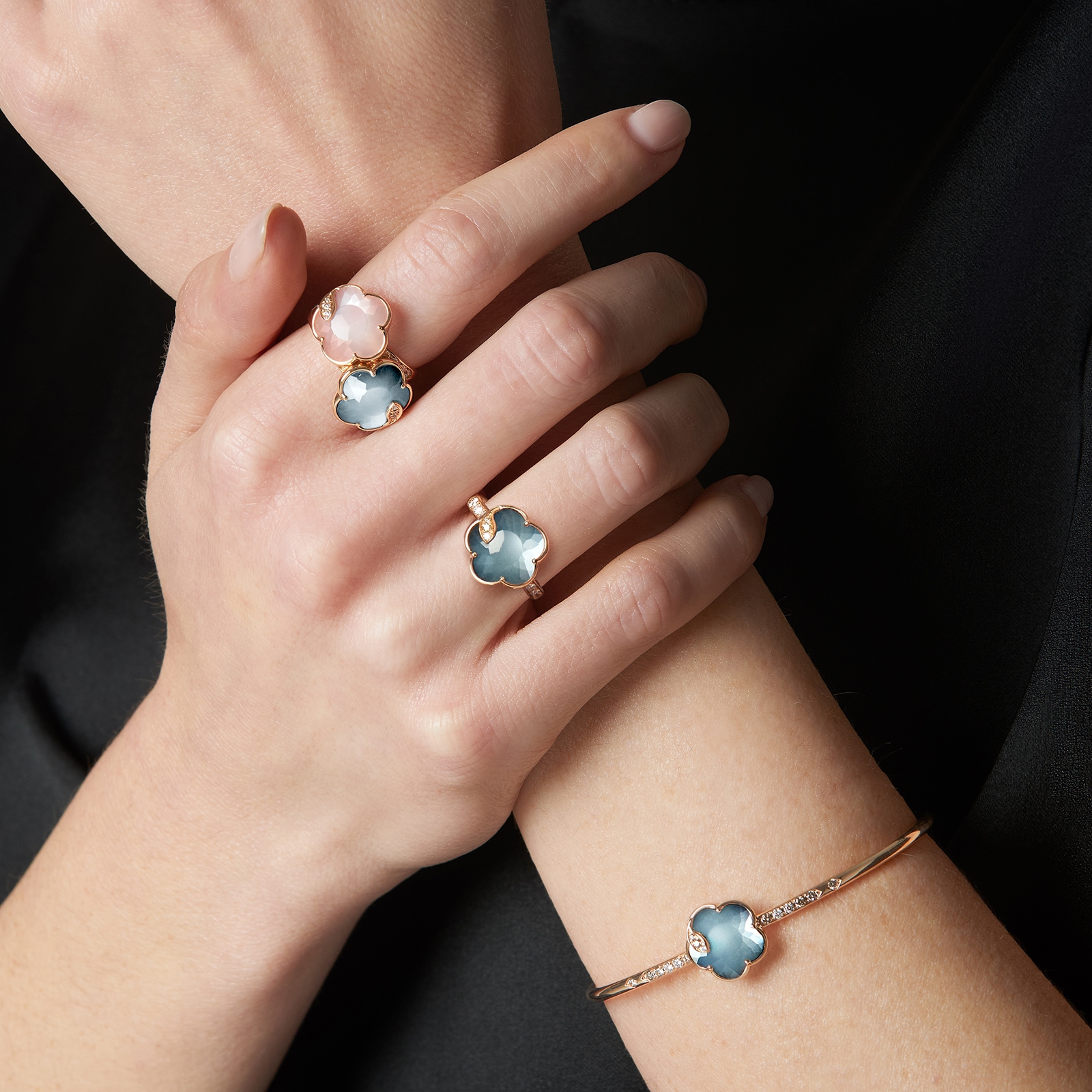 Pasquale Bruni 18K Rose Gold Petit Joli Diamond, Onyx & Blue Moonstone Ring - Size 6.5