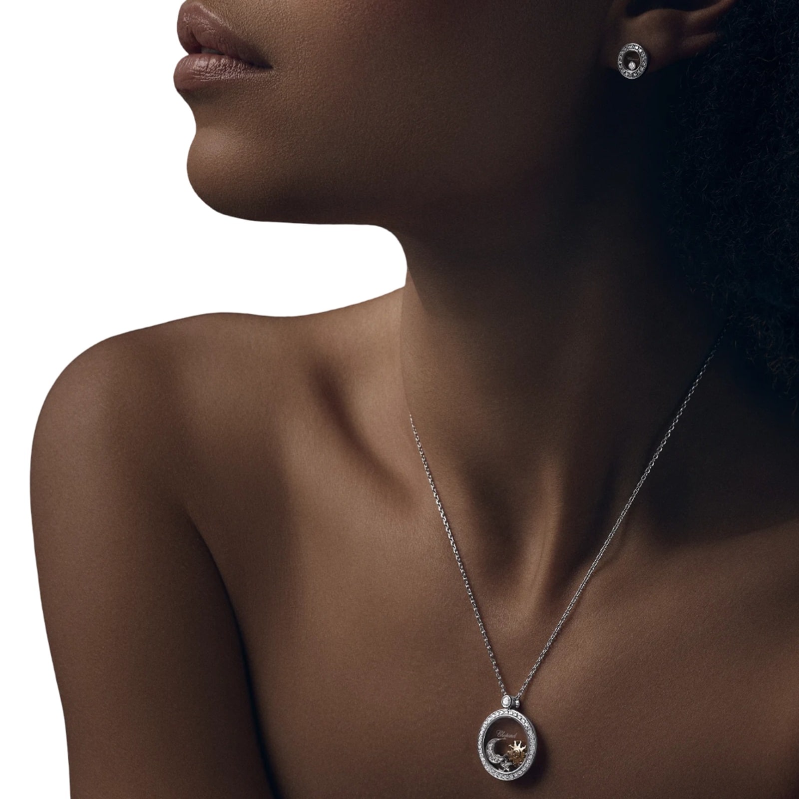 Chopard Happy Sun, Moon and Stars Pendant In Ethical 18ct White Gold With Diamonds Chopard Happy Sun, Moon and Stars Pendant In Ethical 18ct White Gold With Diamonds