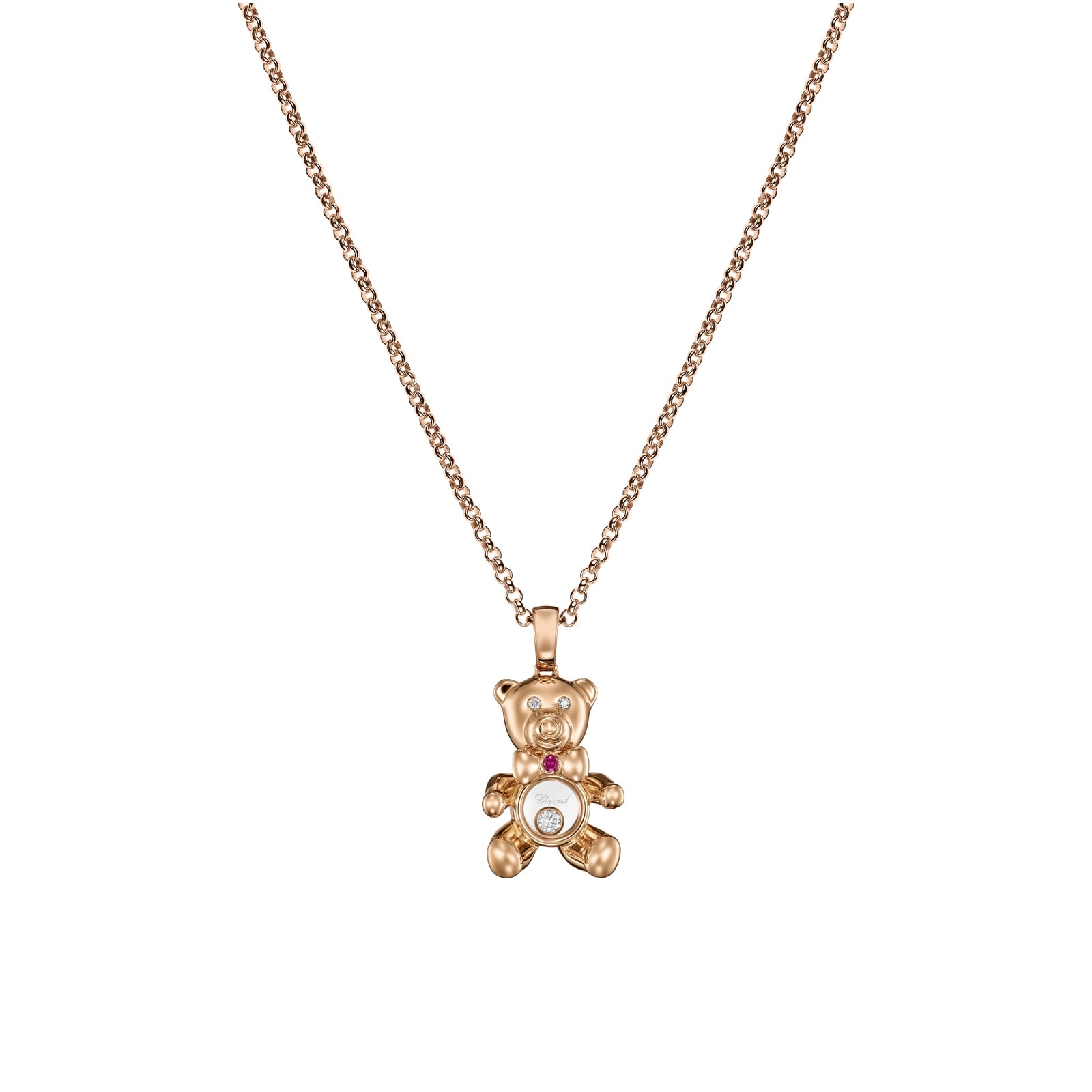 Chopard Happy Diamond Teddy Bear Pendant In Ethical 18ct Rose Gold With Diamonds and Ruby