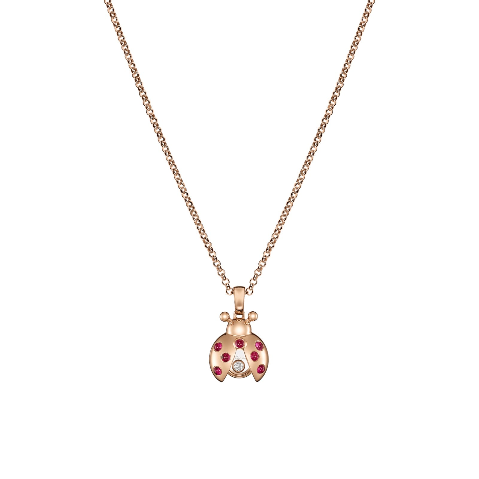 Chopard Happy Diamonds Ladybird Pendant In Ethical 18ct Rose Gold With Diamond and Rubies Chopard Happy Diamonds Ladybird Pendant In Ethical 18ct Rose Gold With Diamond and Rubies