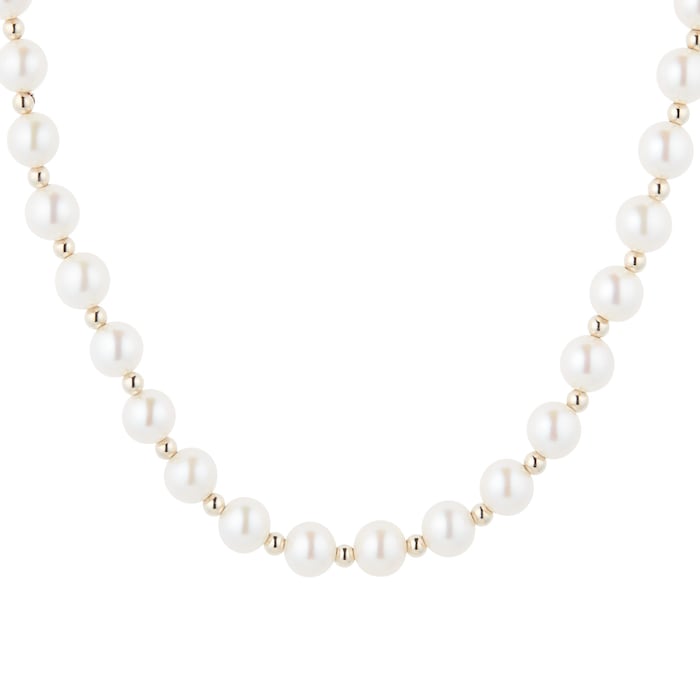 Goldsmiths 9ct Yellow Gold Bead & Pearl Necklace Strand 7-7.5mm
