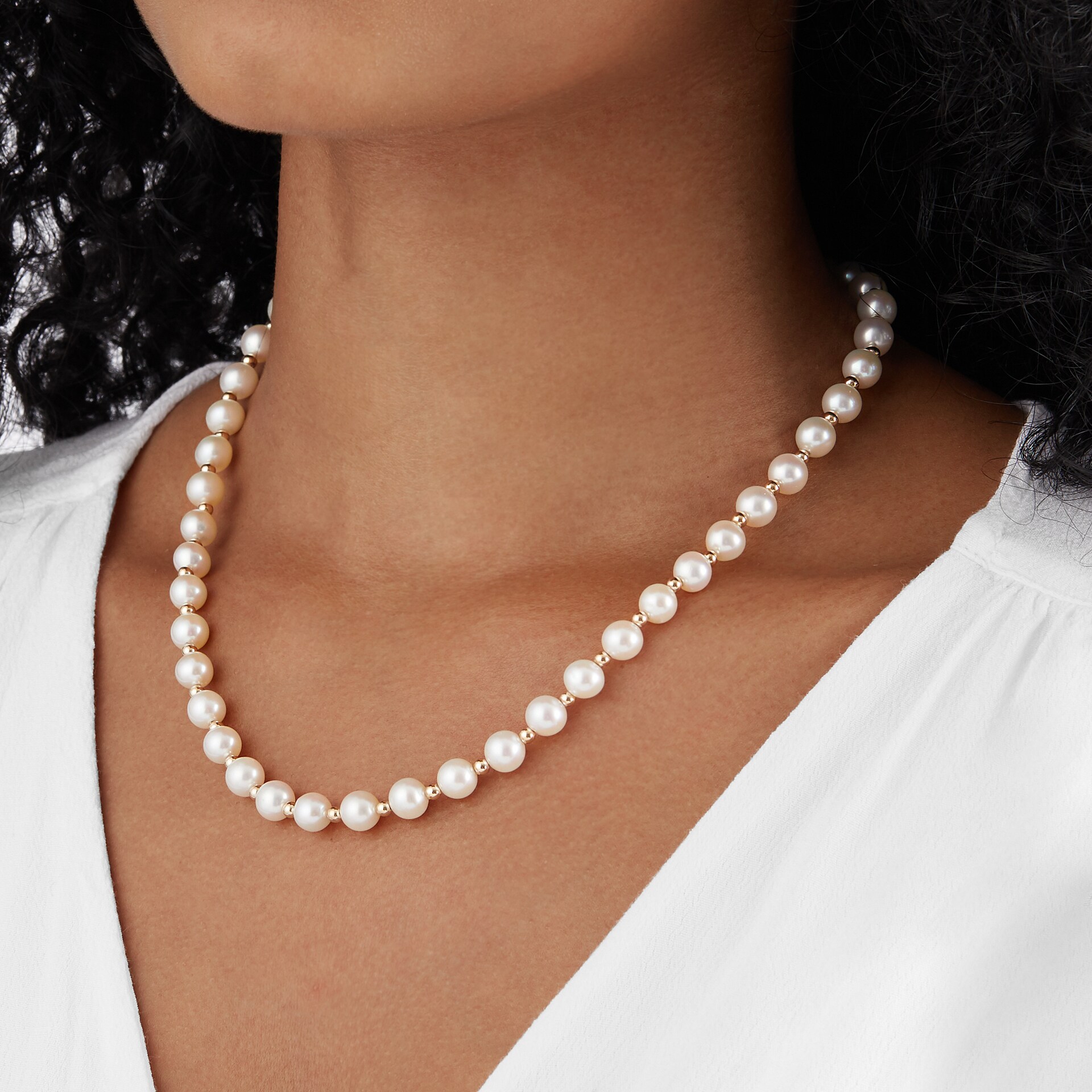 Goldsmiths 9ct Yellow Gold Bead & Pearl Necklace Strand 7-7.5mm
