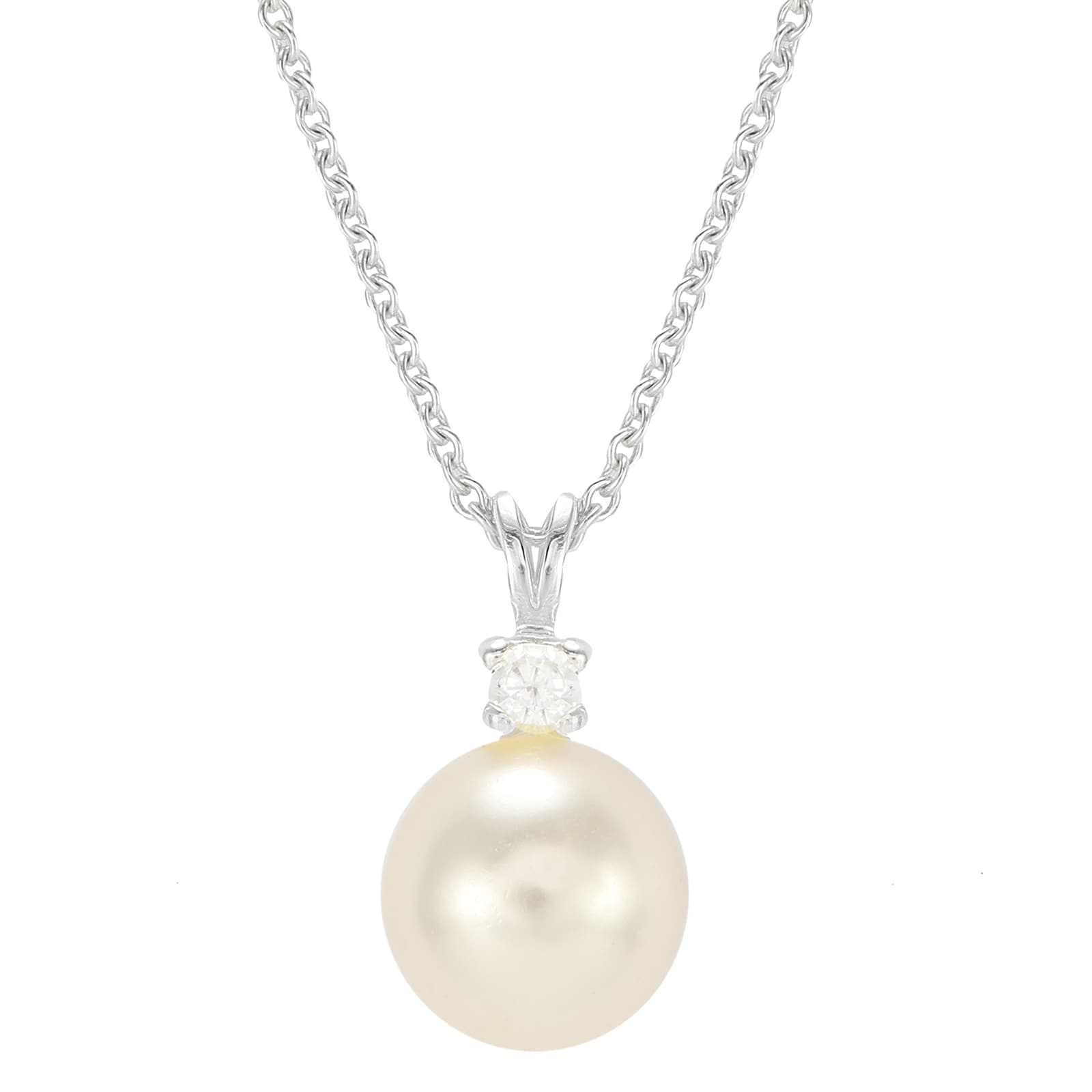 Goldsmiths Silver 6mm Pearl & Cubic Zirconia Simple Pendant - Large Goldsmiths Silver 6mm Pearl & Cubic Zirconia Simple Pendant - Large