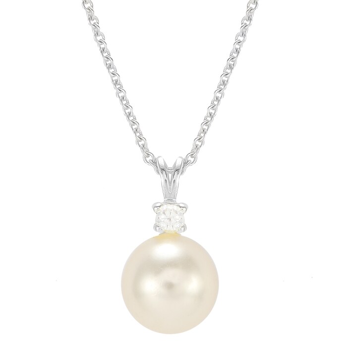 Goldsmiths Silver 6mm Pearl & Cubic Zirconia Simple Pendant - Large