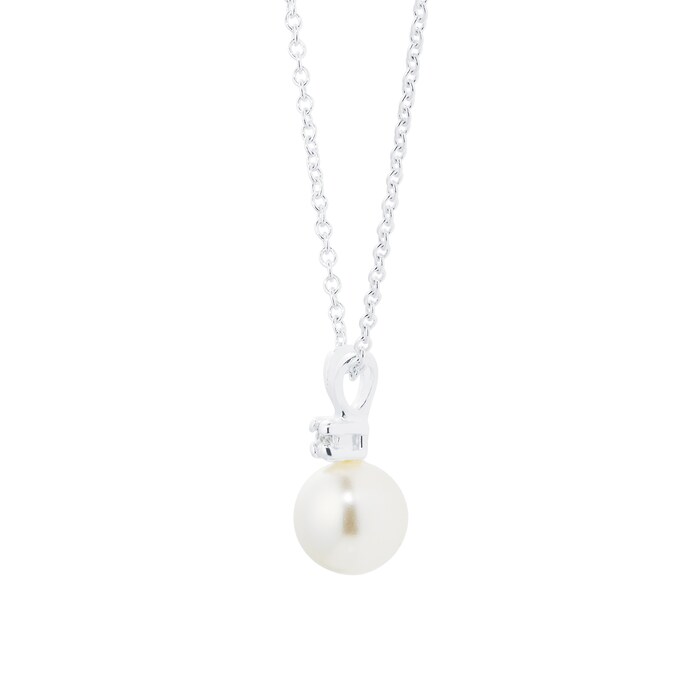 Goldsmiths Silver 6mm Pearl & Cubic Zirconia Simple Pendant - Large
