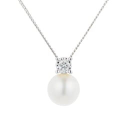 13160189 - 9ct White Gold Diamond and 6.5-7mm Fresh Water Pearl Pendant