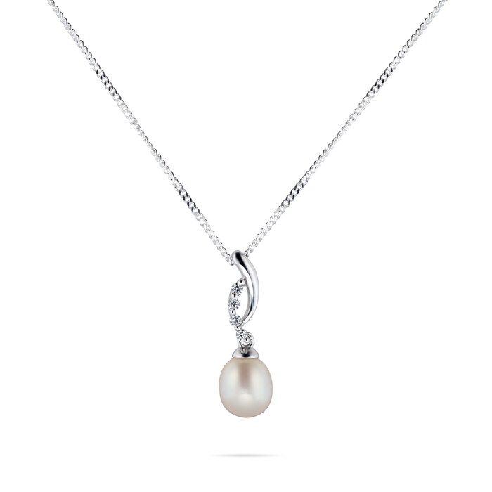 Goldsmiths Silver 6-7mm Pearl & Cubic Zirconia Swoop Pendant