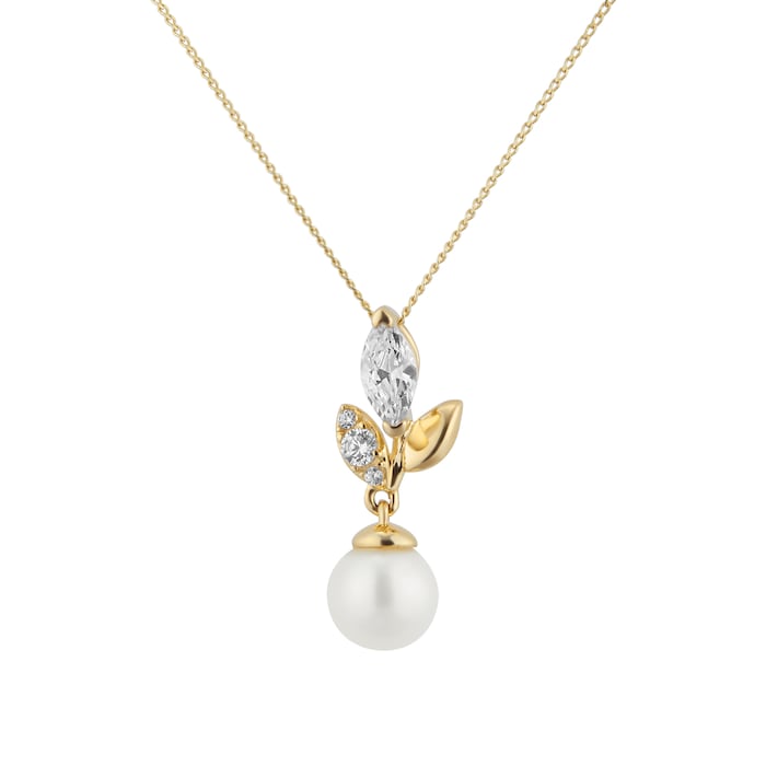 Goldsmiths 9ct Yellow Gold Pearl & Cubic Zirconia Floral Pendant