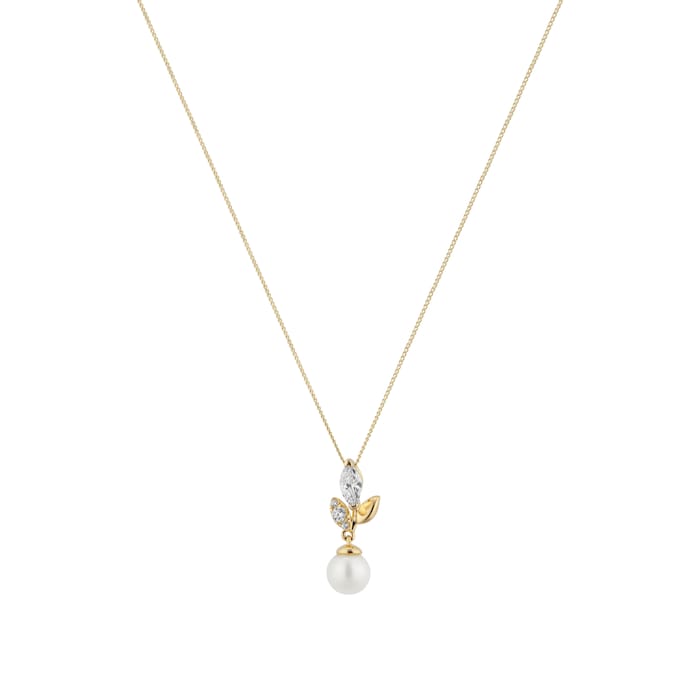 Goldsmiths 9ct Yellow Gold Pearl & Cubic Zirconia Floral Pendant