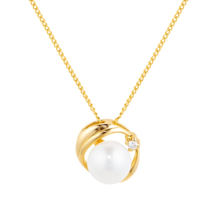 Goldsmiths 9ct Yellow Gold Pendant with Fresh Water Pearl & 0.02ct Diamond