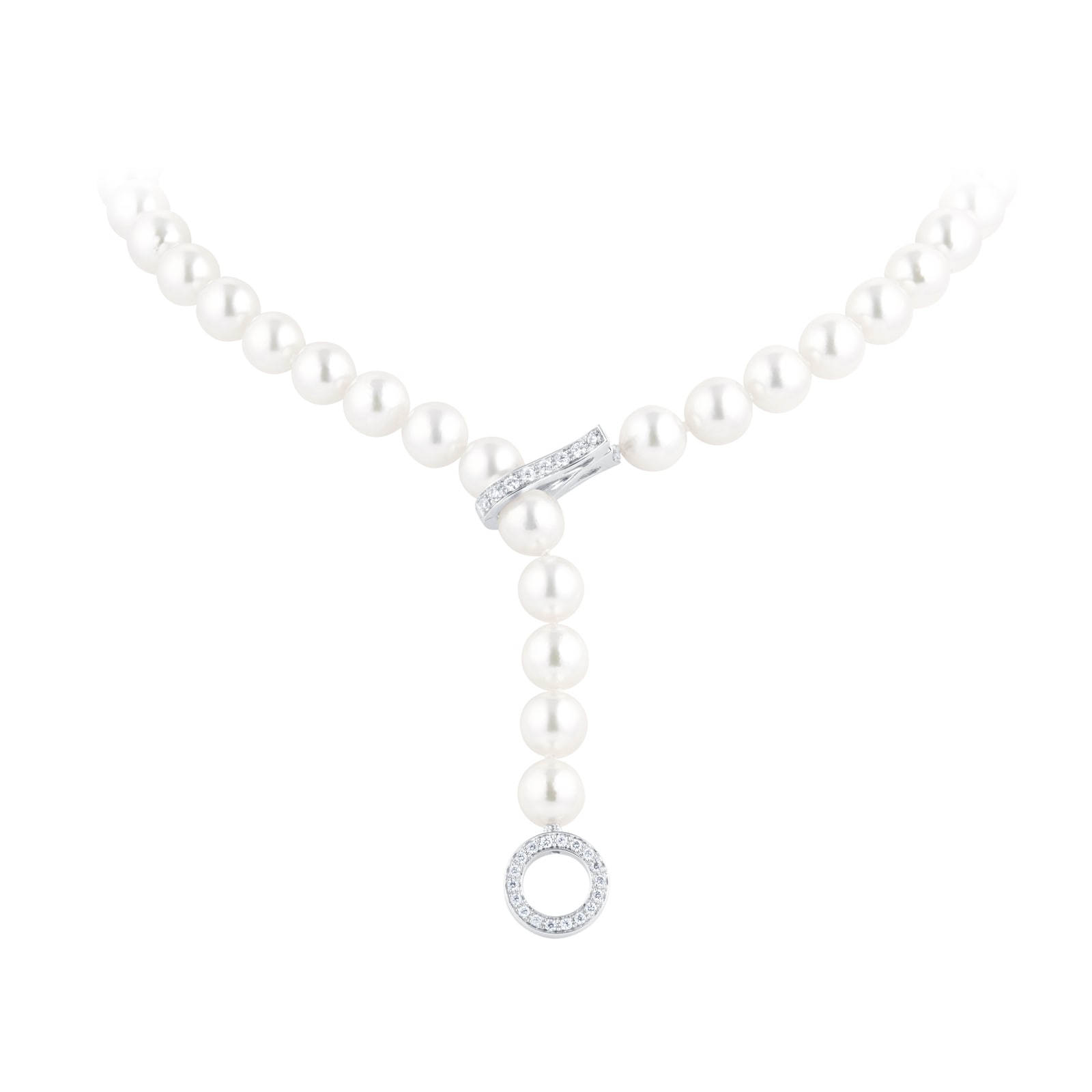 18ct White Gold 7.5mm-8mm AA Akoya & 0.34cttw Diamond Lariat Necklace