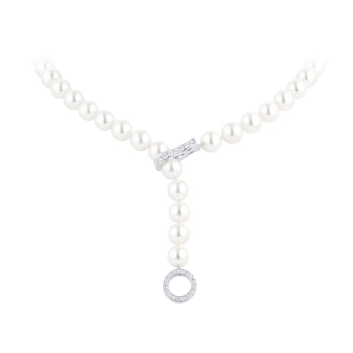 Mappin & Webb 18ct White Gold 7.5mm-8mm AA Akoya & 0.34cttw Diamond Lariat Necklace