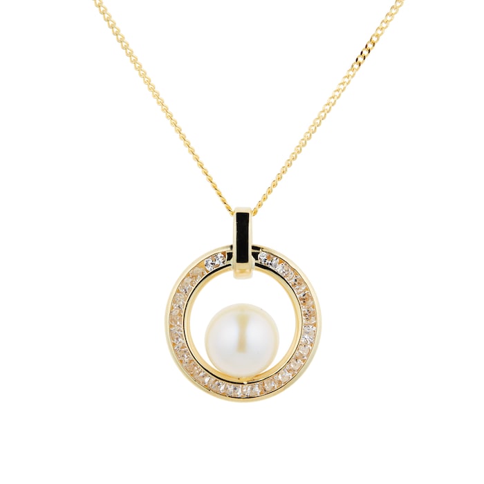 Goldsmiths 9ct Yellow Gold Pearl & Cubic Zirconia Halo Pendant