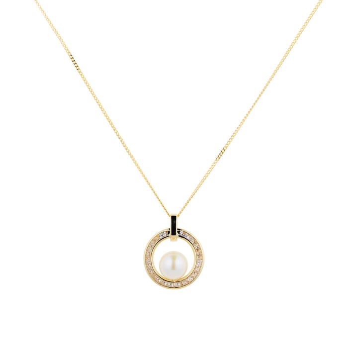 Goldsmiths 9ct Yellow Gold Pearl & Cubic Zirconia Halo Pendant