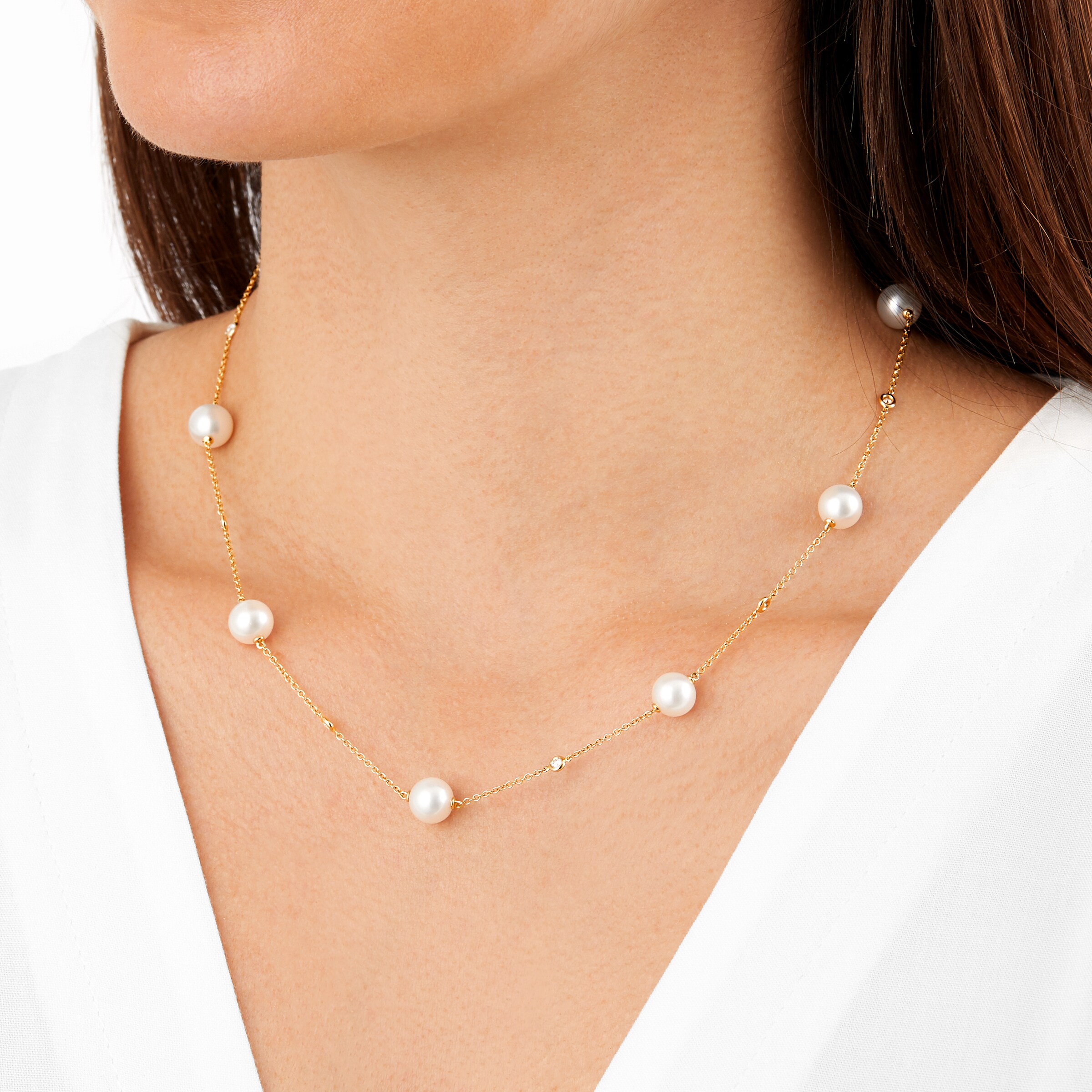 Mappin & Webb 18ct Yellow Gold Freshwater Pearl & Diamond Chain Necklace