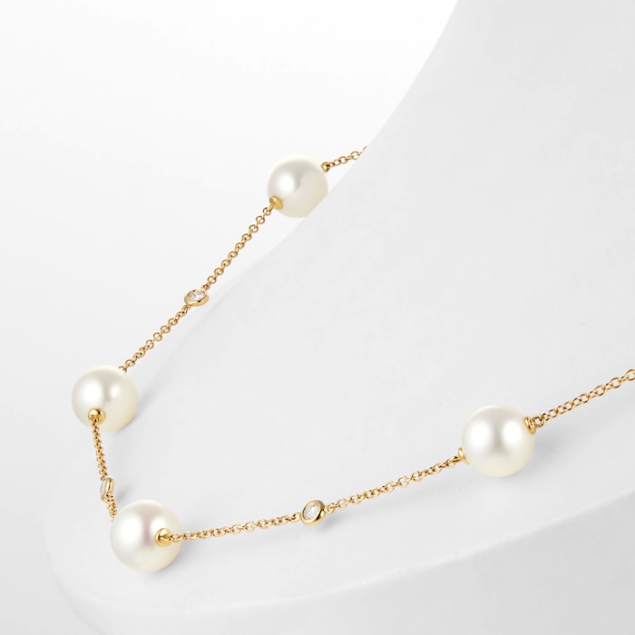 Mappin & Webb 18ct Yellow Gold Freshwater Pearl & Diamond Chain Necklace