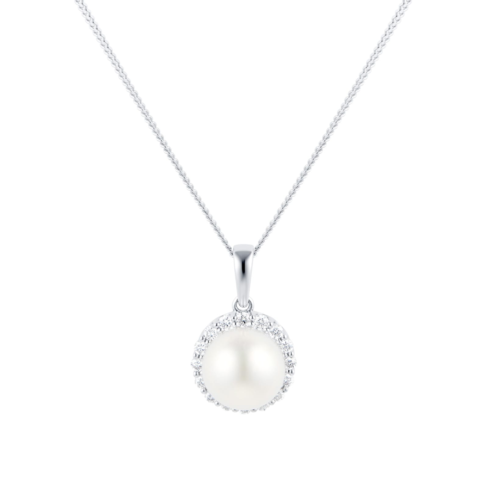 18ct White Gold Freshwater Pearl & Diamond Halo Pendant