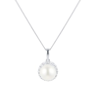 Mappin & Webb 18ct White Gold Freshwater Pearl & Diamond Halo Pendant
