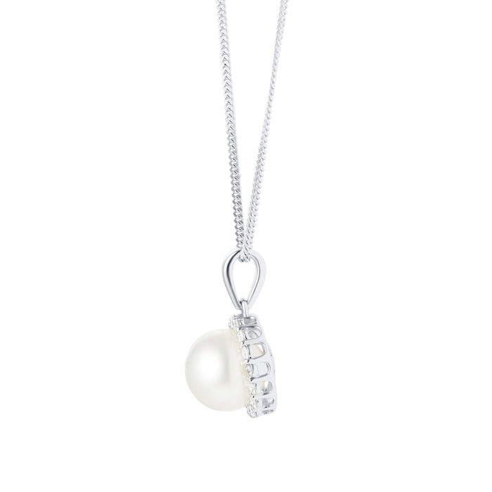 Mappin & Webb 18ct White Gold Freshwater Pearl & Diamond Halo Pendant