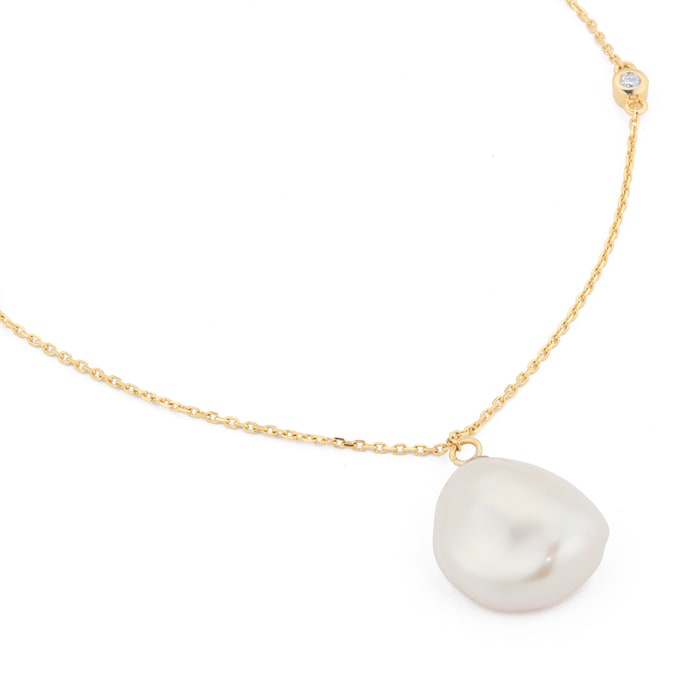 Goldsmiths 18ct Yellow Gold 0.10cttw Diamond & Baroque Pearl Pendant