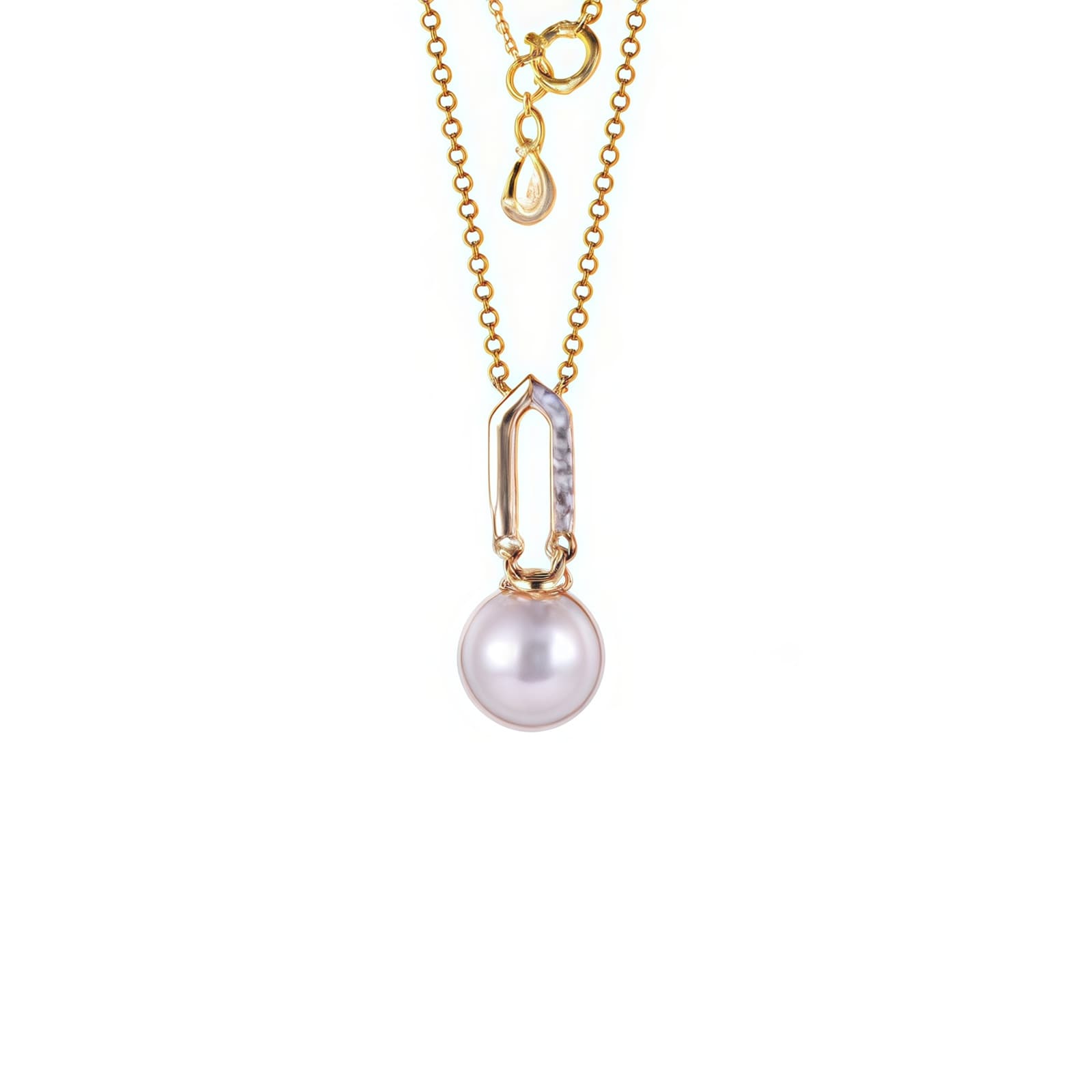 Goldsmiths 9ct Yellow Gold Freshwater Pearl and Diamond Paperclip Pendant