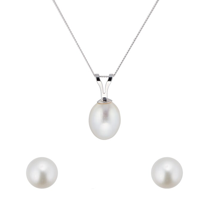 Goldsmiths 9ct Gold Freshwater Pearl Pendant and Earring Set