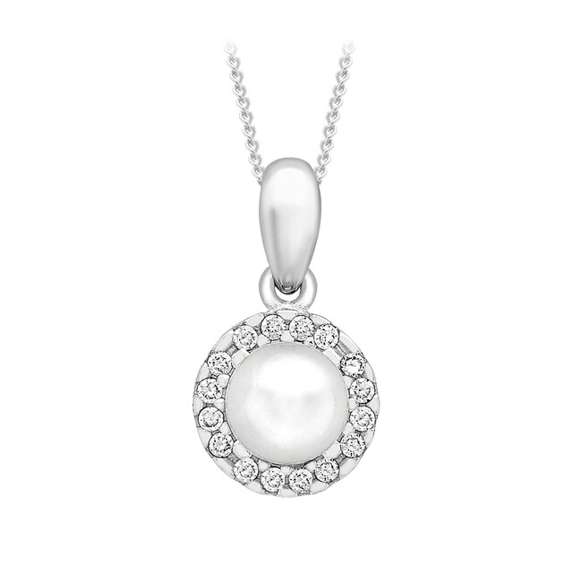 Goldsmiths 9ct White Gold 5mm Pearl and Cubic Zirconia Pendant