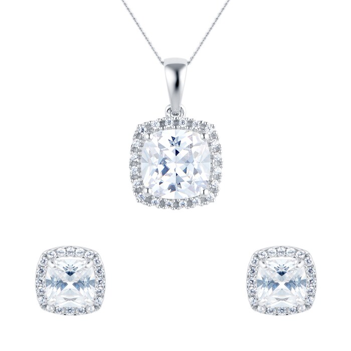 Goldsmiths 9ct White Gold Cubic Zirconia Cushion Cut Pendant & Earring Set