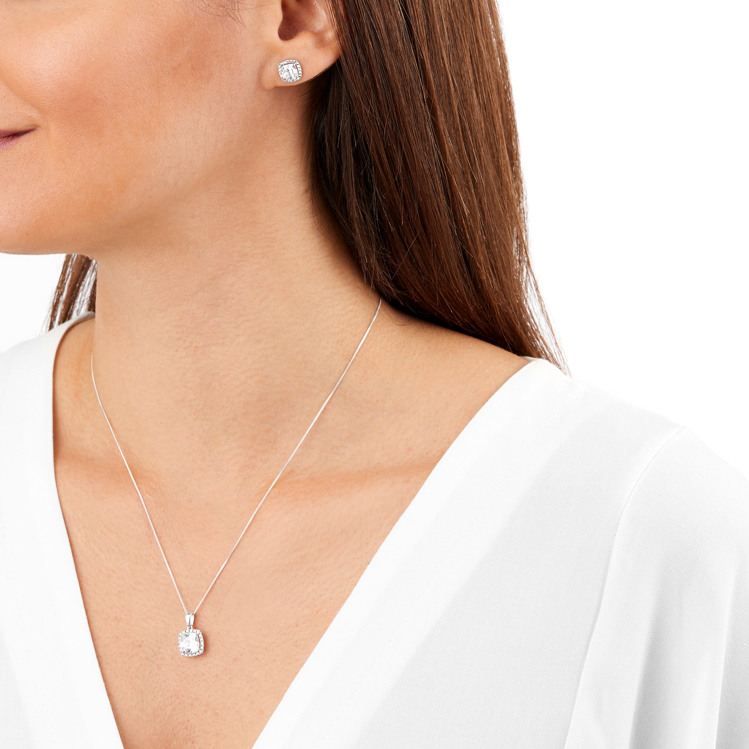 Goldsmiths 9ct White Gold Cubic Zirconia Cushion Cut Pendant & Earring Set