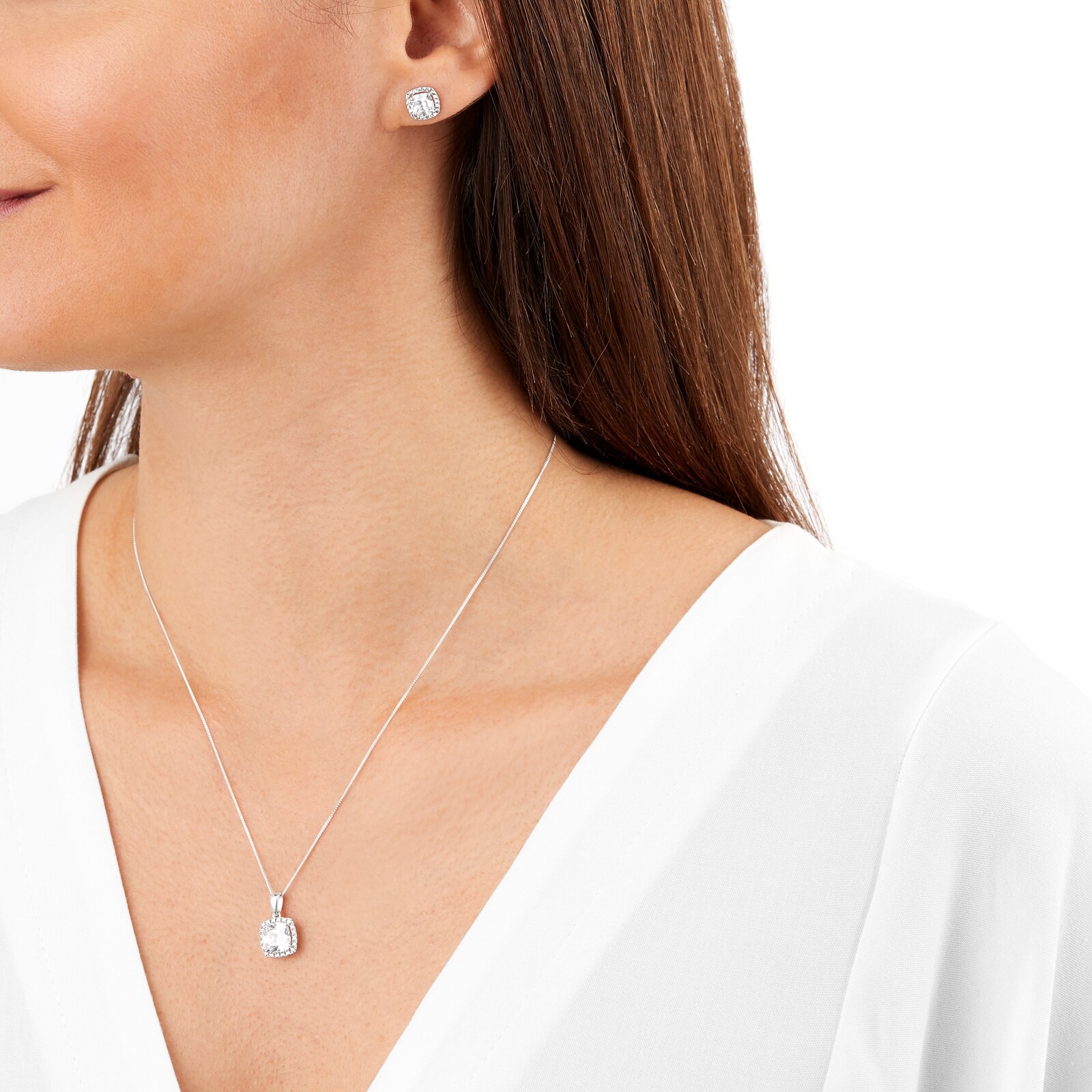 Goldsmiths 9ct White Gold Cubic Zirconia Cushion Cut Pendant & Earring