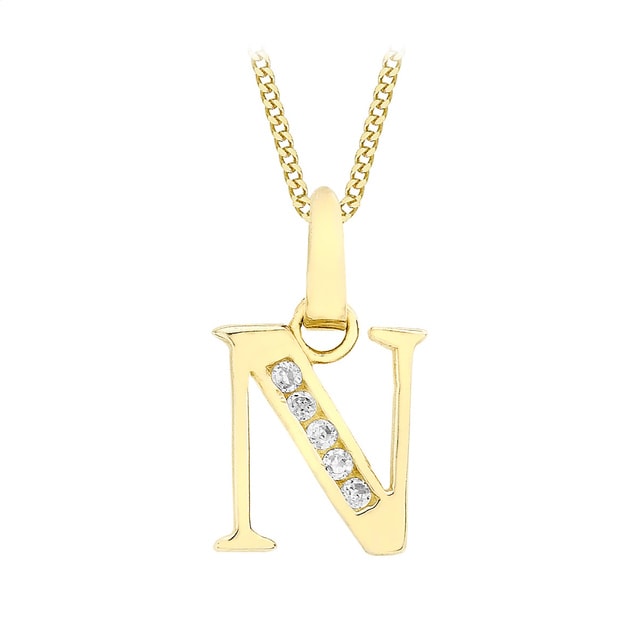 Goldsmiths 9ct Yellow Gold Initial N Cubic Zirconia Pendant
