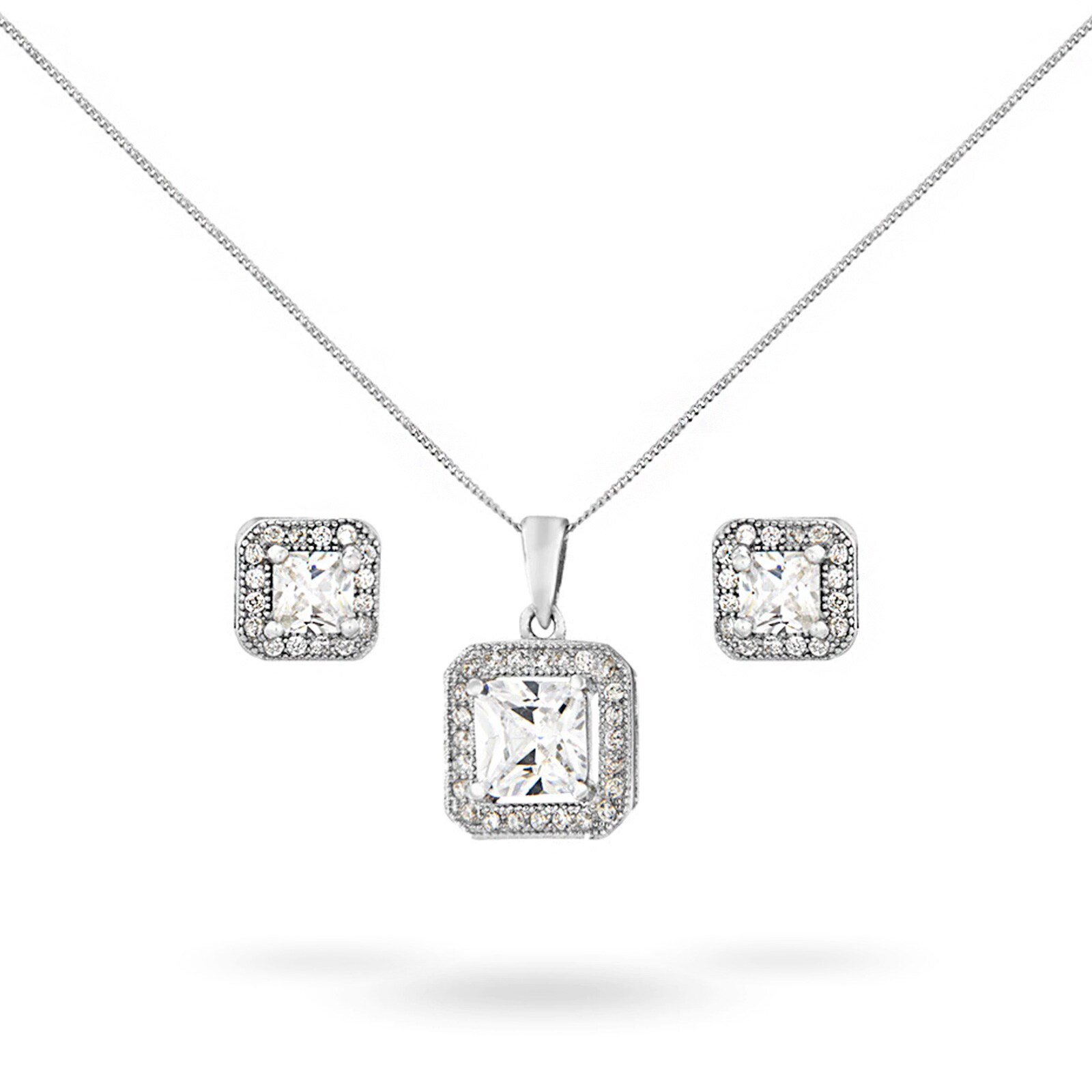 Goldsmiths Silver Cubic Zirconia Square Halo Pendant And Stud Set