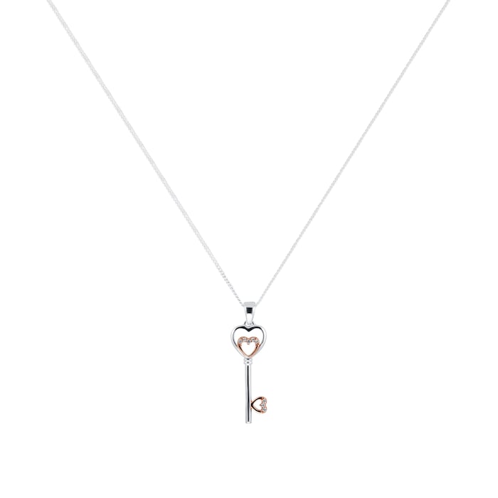 Goldsmiths Silver Rose Gold Plated Cubic Zirconia Heart Layered Key Pendant